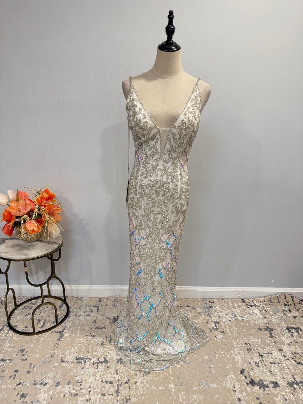 Primavera Ivory Multicolor Sequins Embellished V-Neck Open Back Prom Gown